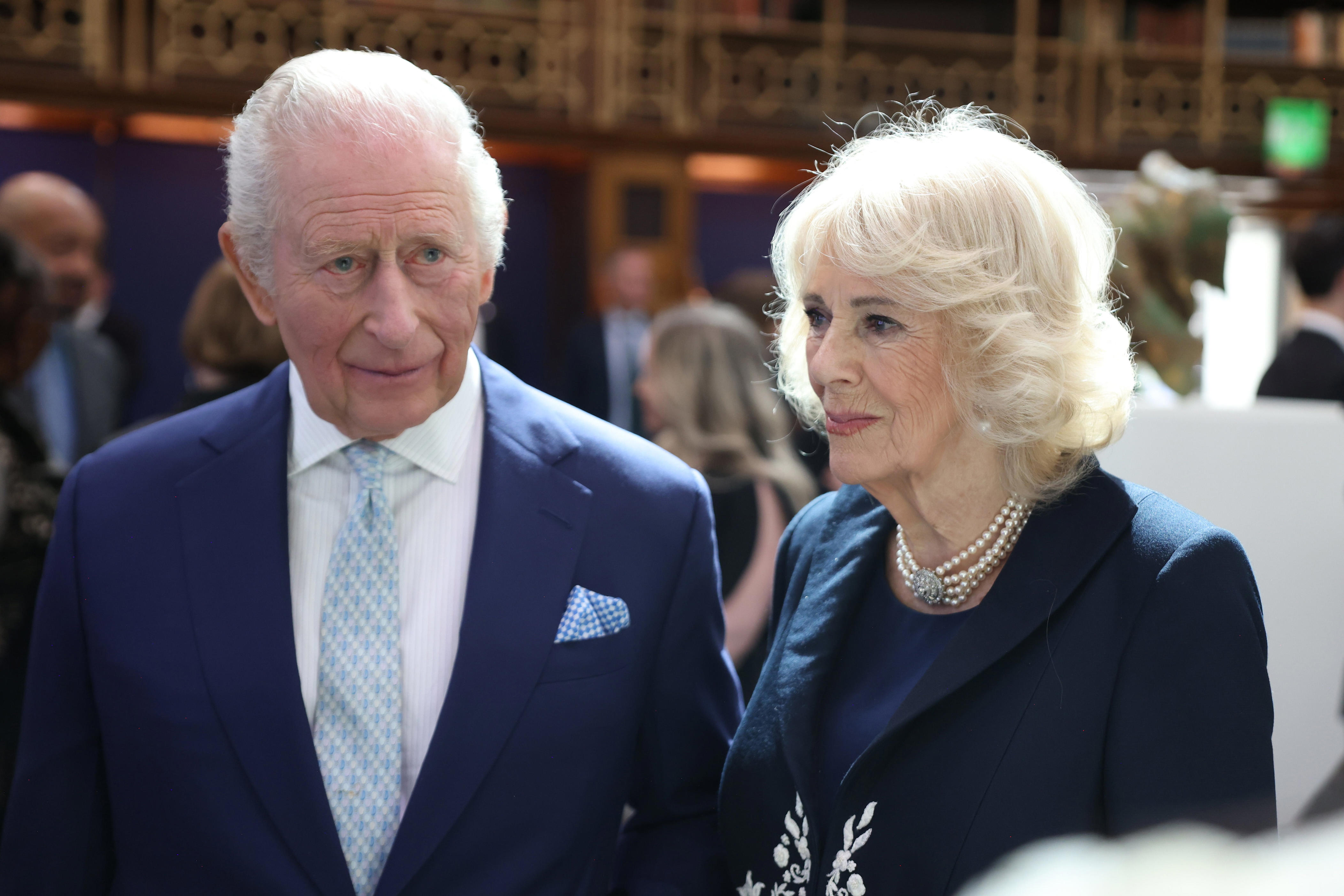 King Charles III and Queen Camilla visit the British Museum to view the final design for the Queen Elizabeth Memorial on April 21, 2026, in London.