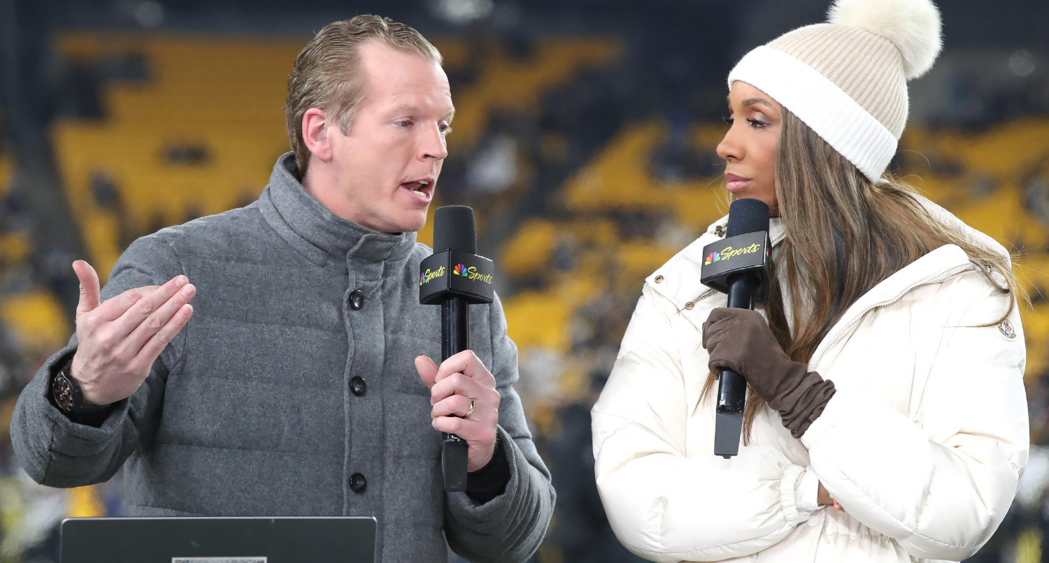 Jan 4, 2026; Pittsburgh, Pennsylvania, USA; NBC Sunday Football Night in America commentators Chris Simms (left) and Maria Taylor (right) perform the pre-game show before the Pittsburgh Steelers host the Baltimore Ravens at Acrisure Stadium. Mandatory Credit: Charles LeClaire-Imagn Images