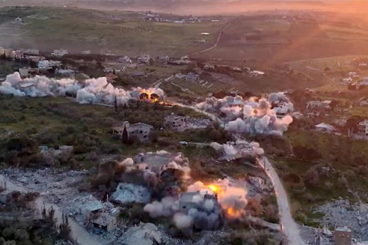 A screen grab of Israeli army footage which the IDF said shows the destruction of Hezbollah infrastructure in Lebanon today (April 27)