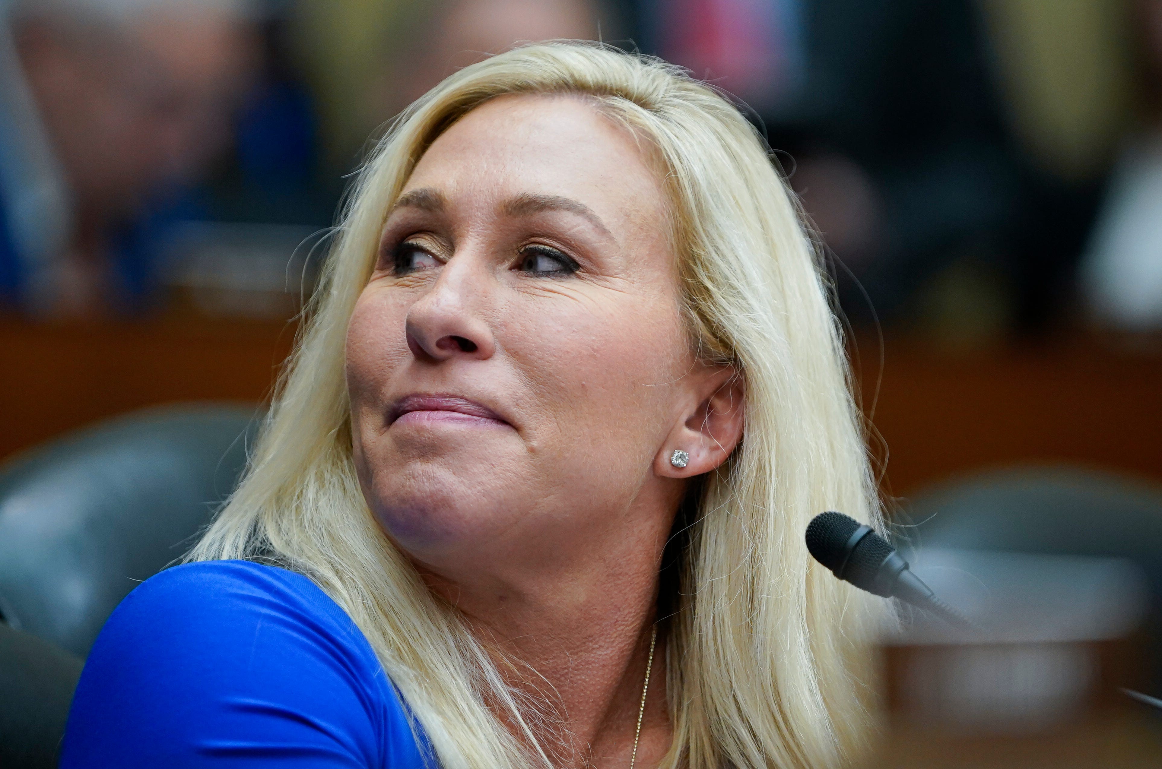 Mar 20, 2024; Washington, D.C.; Rep. Marjorie Taylor Greene (R-GA) looks on during the House Committee on Oversight and Accountability holds a hearing entitled “Influence Peddling: Examining Joe Biden’s Abuse of Public Office.”