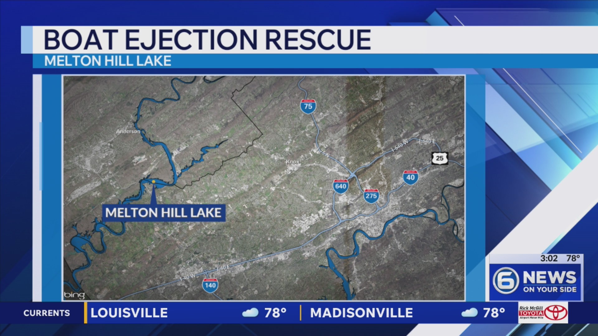 Tennessee person rescued after being ejected from boat on Melton Hill Lake
