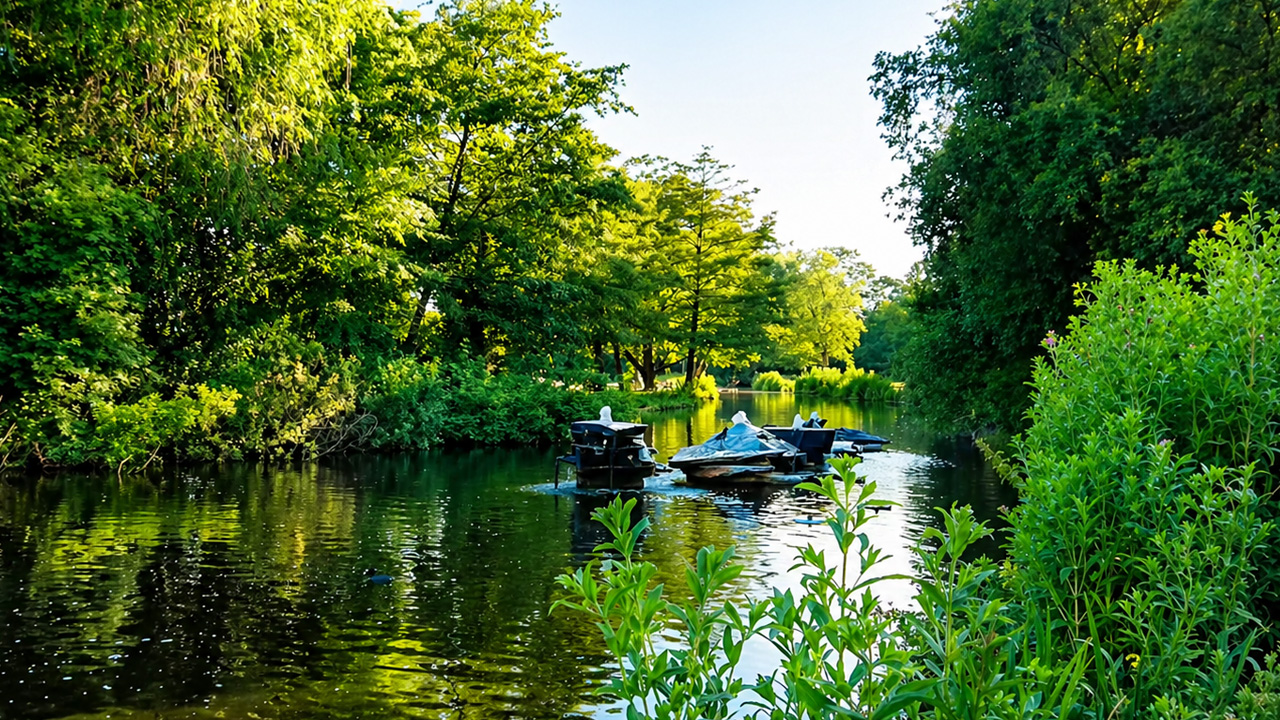 What makes this park area feel so calm in Amsterdam