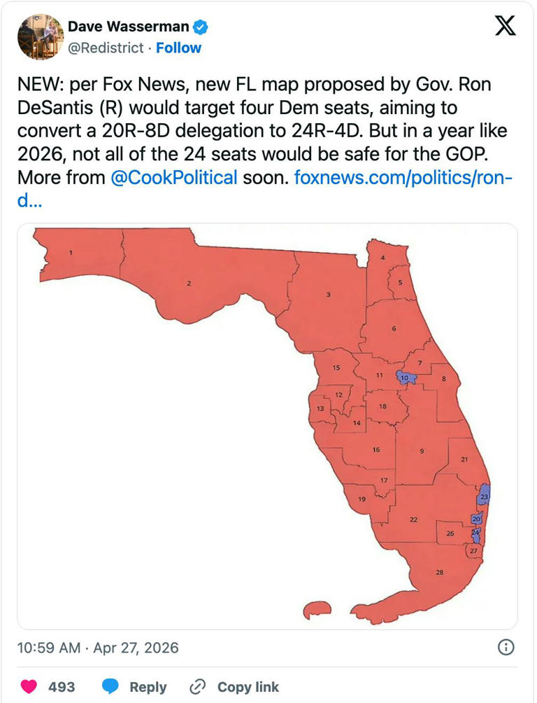 DeSantis unveils new, almost entirely red Florida map