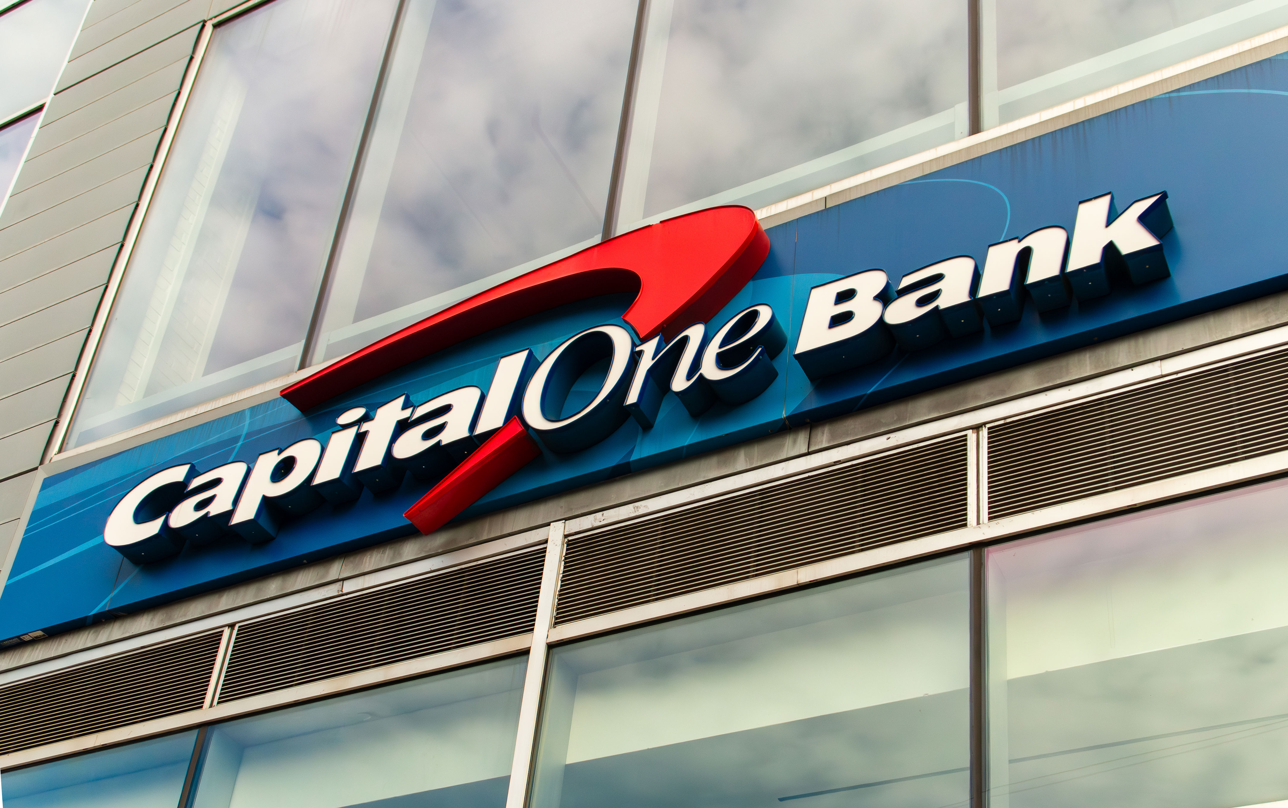 Capital One Bank logo seen from below.