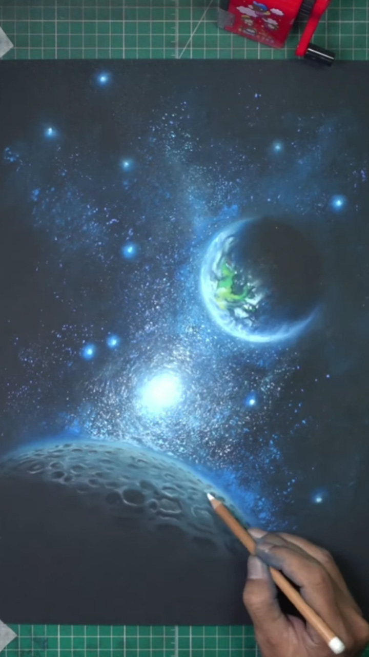 Hyper realistic moon drawing with deep shadow effects