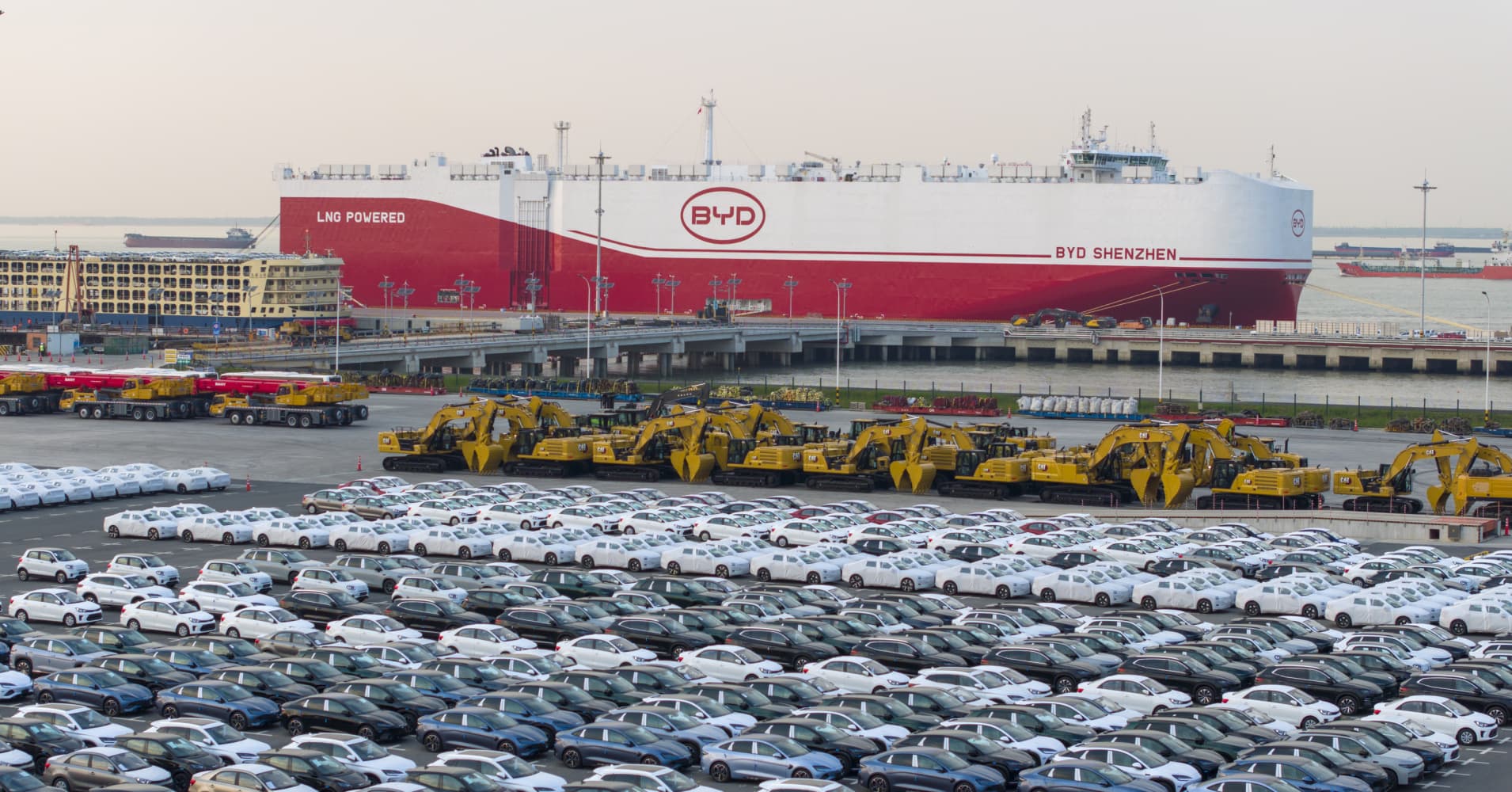 The world's largest car carrier, BYD ''Shenzhen'', loads over 7,000 BYD new energy commercial vehicles at Haitong Terminal in Taicang Port Area, Suzhou Port, and sets sail for Brazil in Taicang City, Jiangsu Province, China, on April 27, 2025.