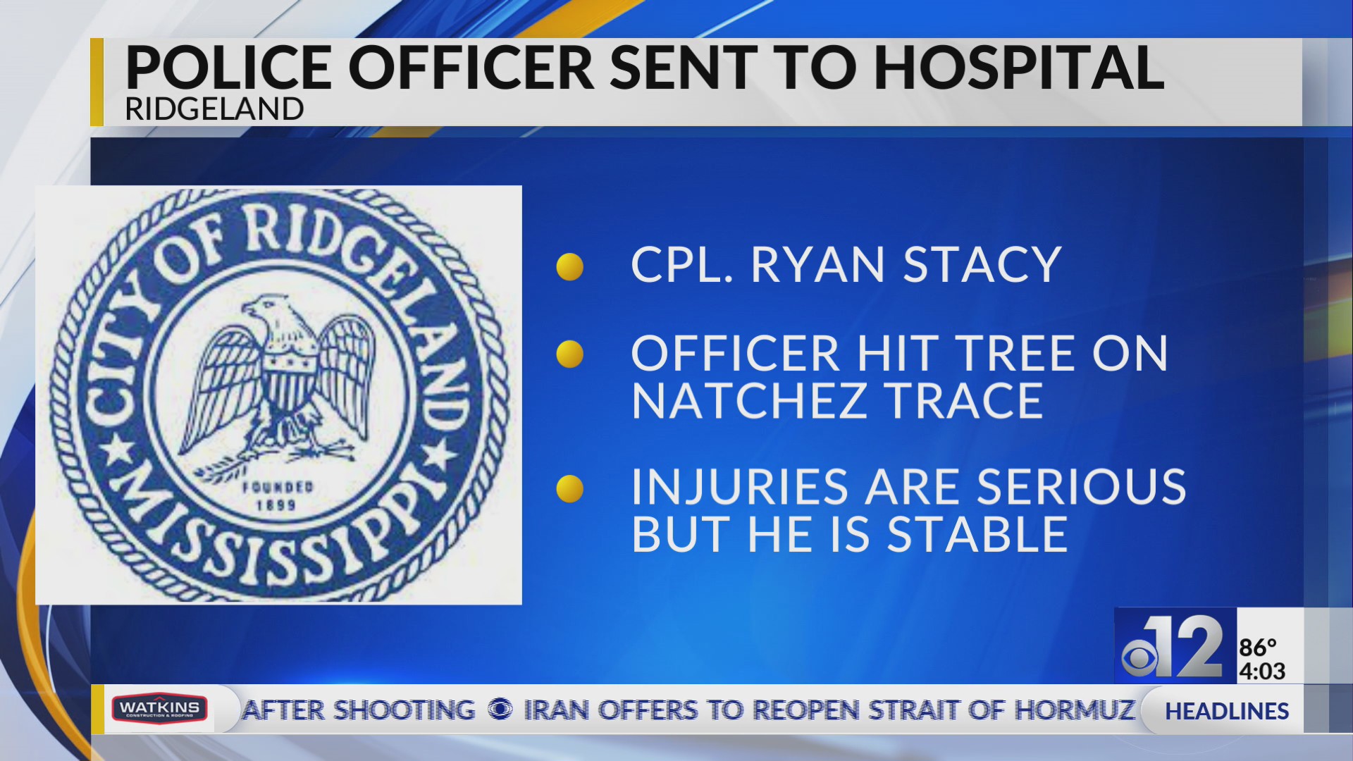 Ridgeland officer injured after crashing into fallen tree