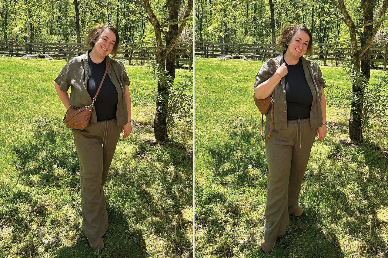 A person standing outdoors modeling two variations of an outfit with a purse on their shoulder in a sunny grassy area