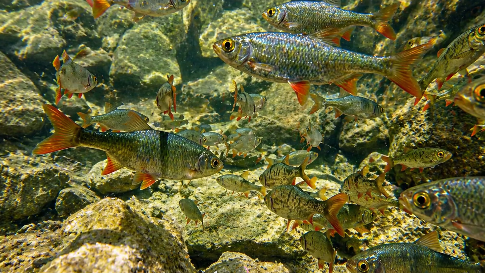 A busy scene beneath the water, captured by a hidden camera