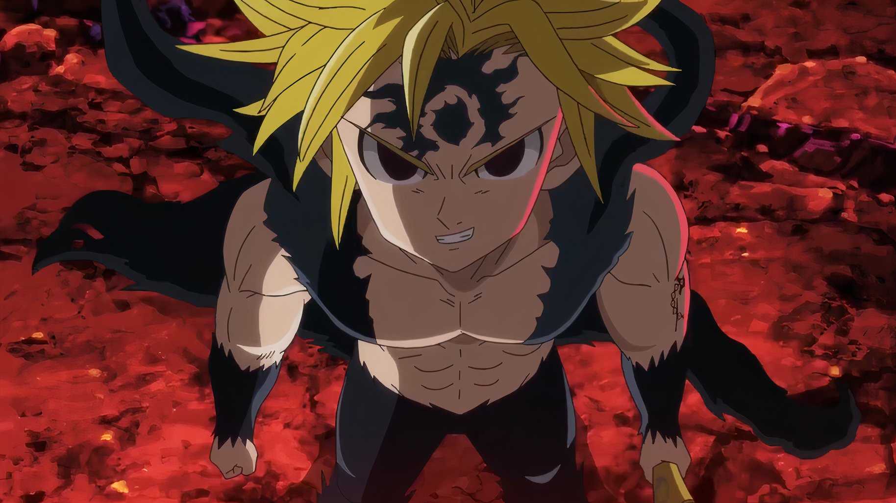 Meliodas in his Assault Mode, with a smirk on his face in The Seven Deadly Sins