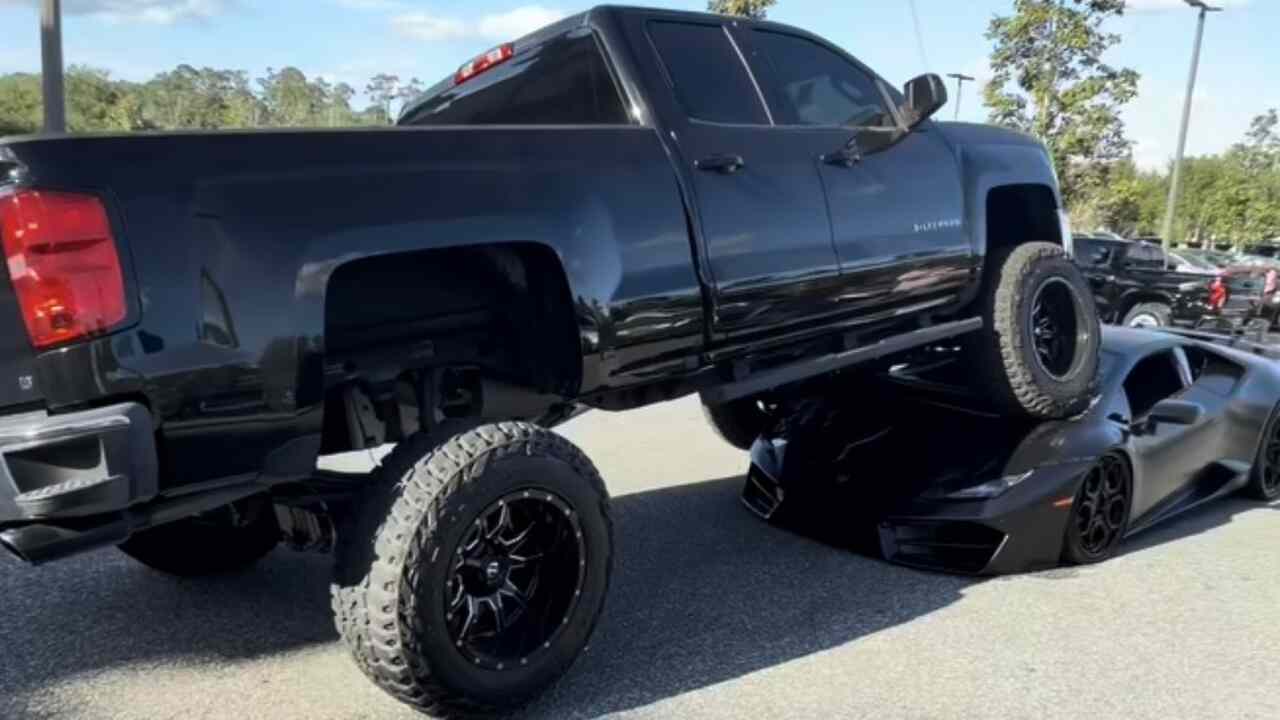 Shocking video shows giant pickup driving over $250,000 Lamborghini