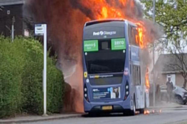 Watch moment bus bursts into flames as fire crews work to tackle blaze