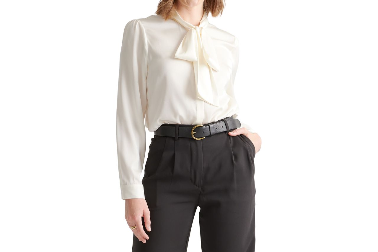 Quince Washable Stretch Silk Tie Neck Blouse