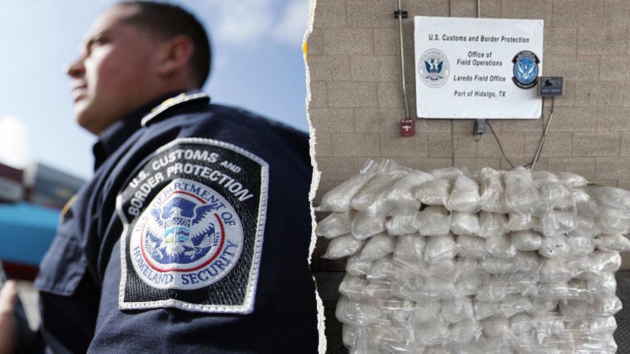 A CBP officer in uniform, left, pictured alongside an image of 908 pounds of narcotics seized last Tuesday.