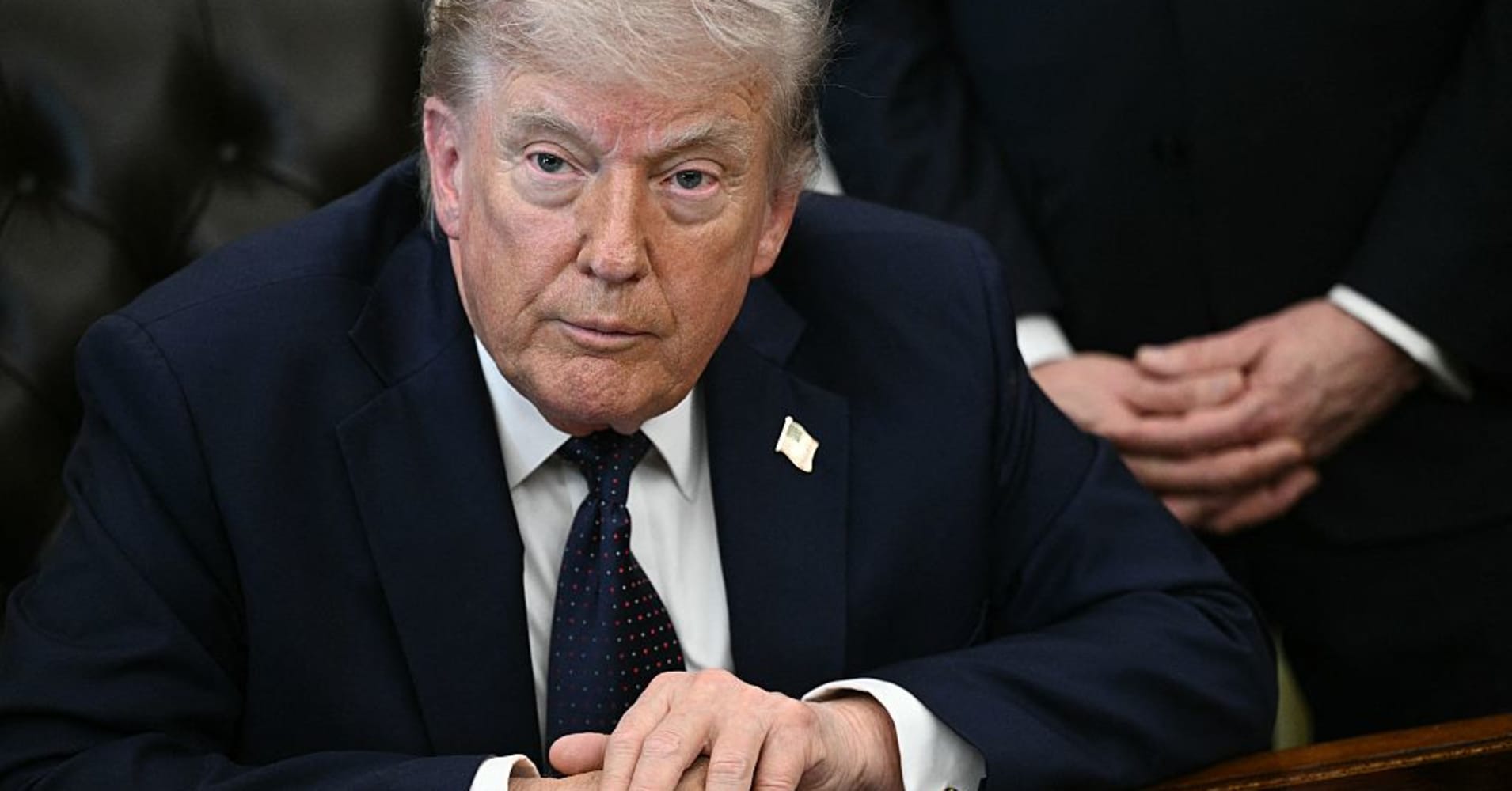 US President Donald Trump looks on during a meeting with Lebanon's Ambassador to the US, Nada Hamadeh Moawad, and Israel's Ambassador to the US, Yechiel Leiter, at the White House in Washington, DC on April 23, 2026.