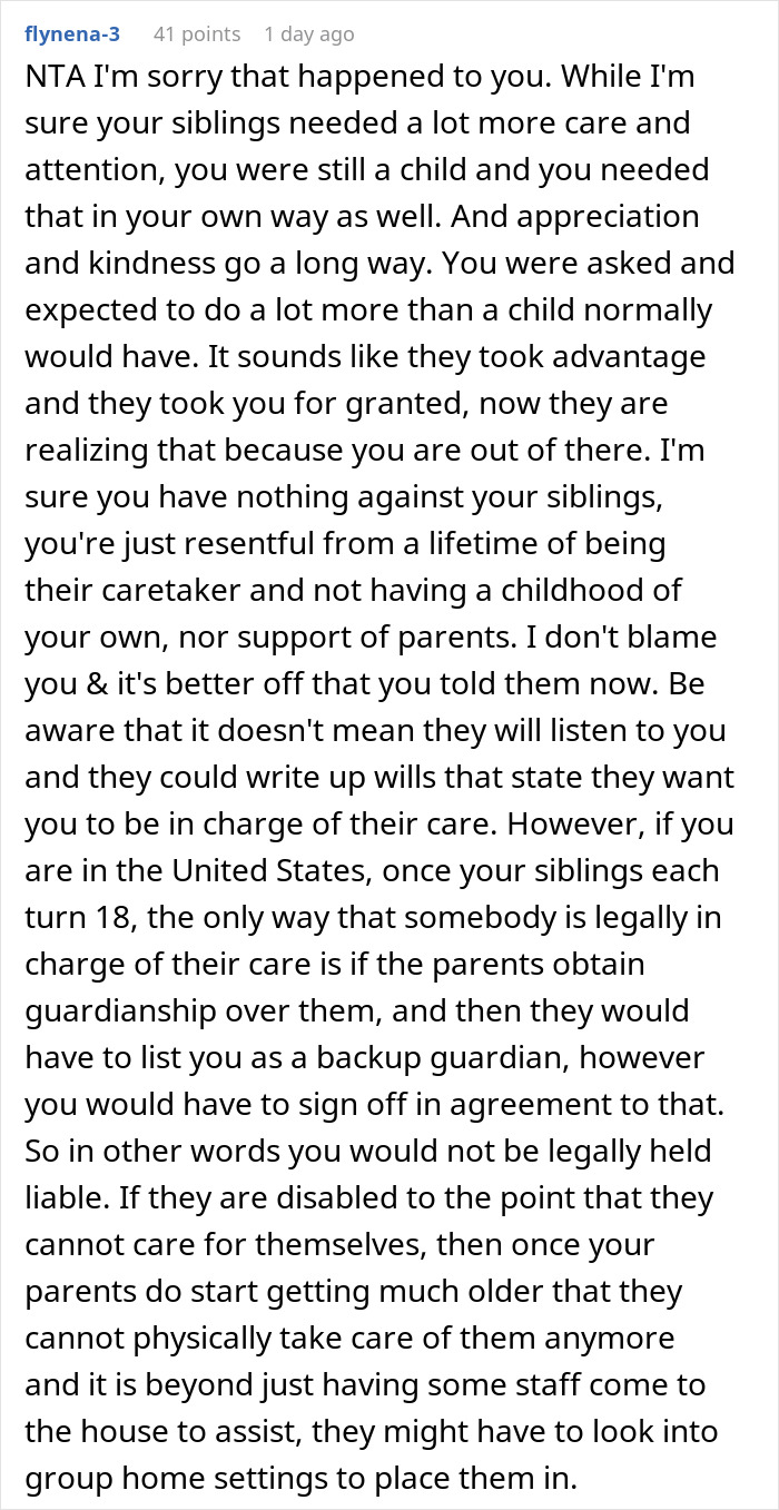 A Reddit post showing a comment about parents expecting a teen to sacrifice life for disabled siblings, discussing legal obligations.