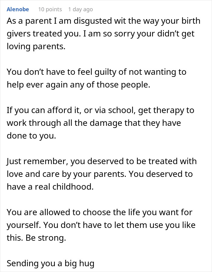 A Reddit comment supports a teen facing parents who expect them to sacrifice life for disabled siblings, offering encouragement.