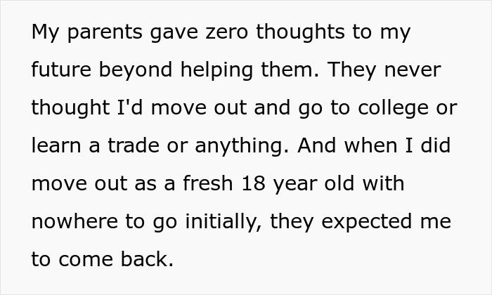 Text details a teen's parents expecting them to sacrifice their life for disabled siblings, never thinking they'd move out.