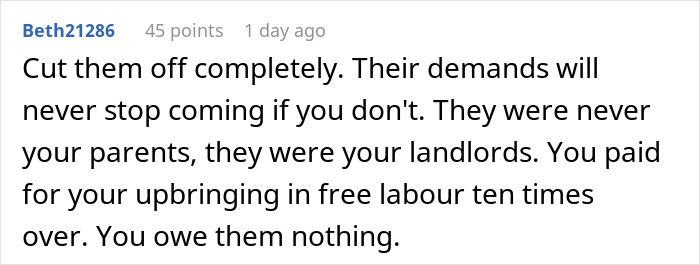 A comment advises a teen to move out and cut ties with parents who expect them to sacrifice life for disabled siblings.
