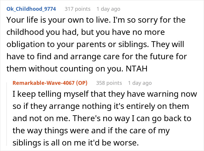 Screenshot of a Reddit post discussing a teen who wants to move out despite parents expecting them to care for disabled siblings.
