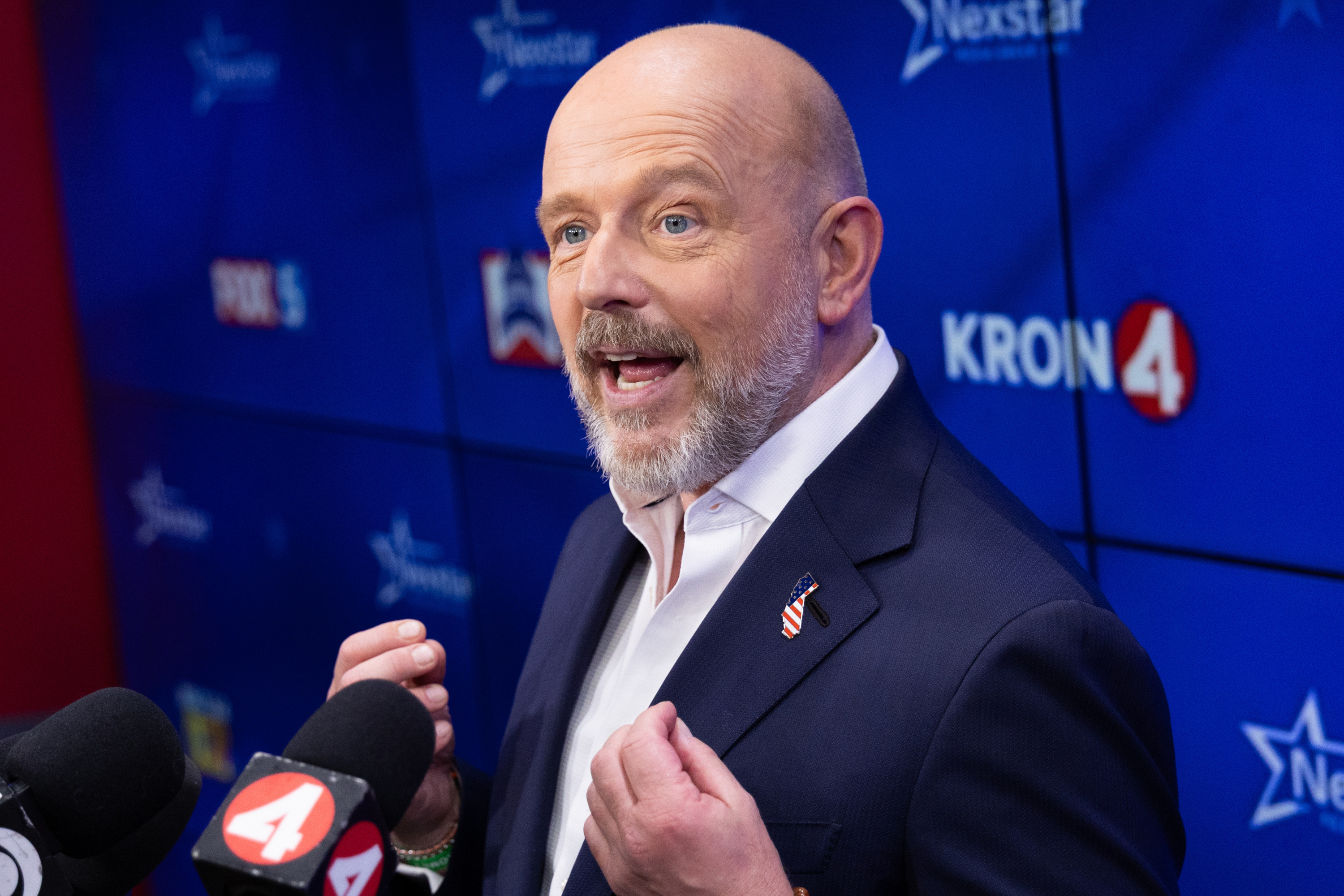Steve Hilton speaks after a gubernatorial debate on April 22, 2026 in San Francisco, California.