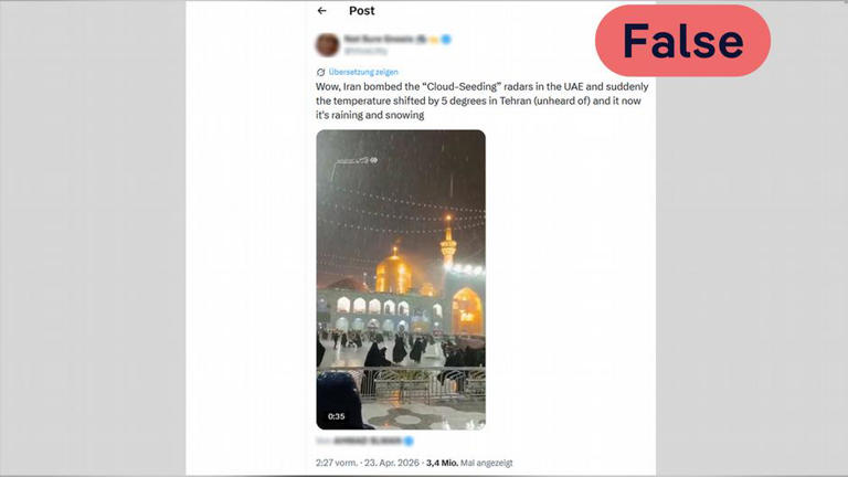 A post viewed 3.4 million times claimed Iran bombed a UAE cloud seeding facility, causing snow in Iran