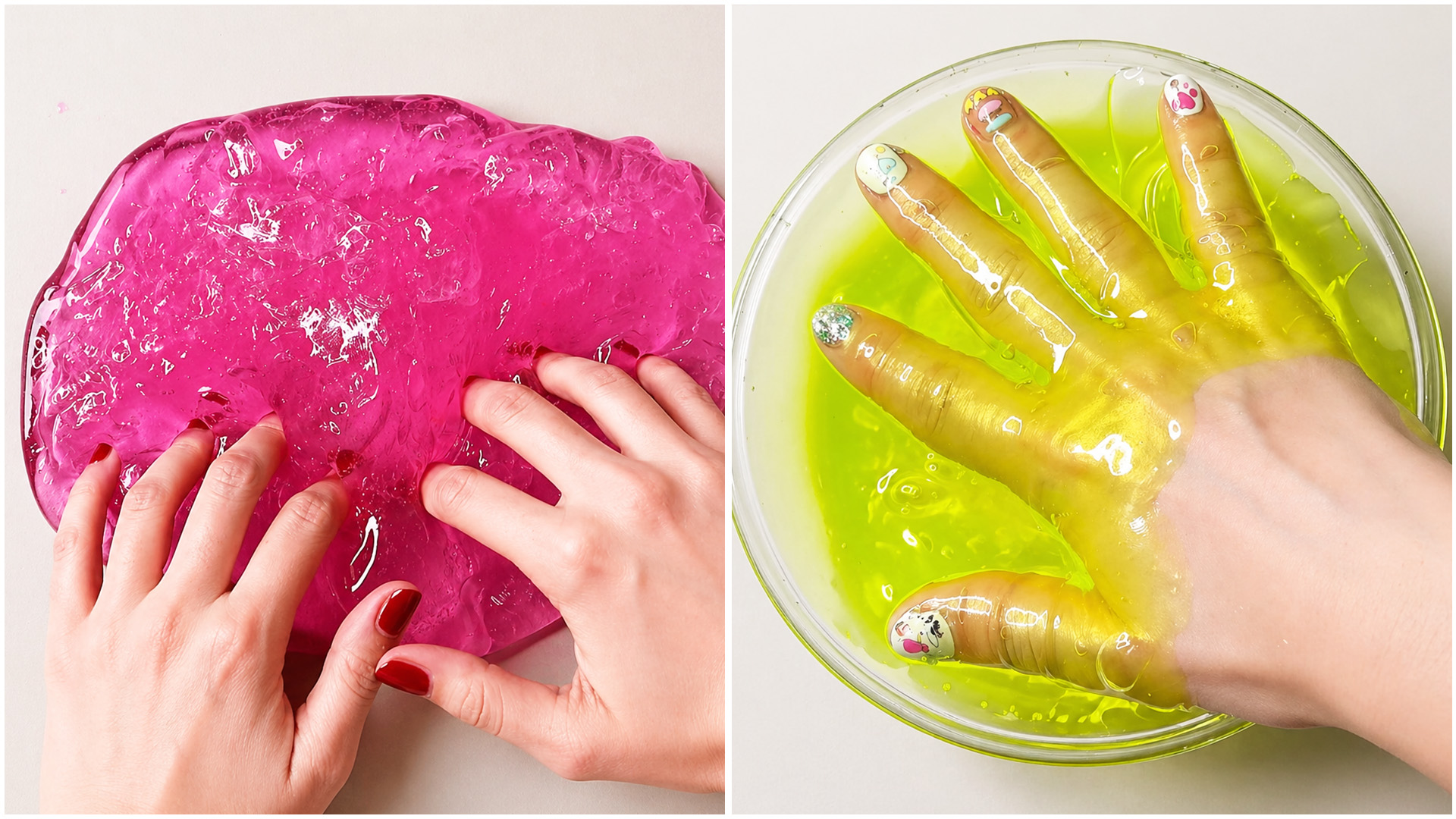 Glossy slime stretch and color melt play
