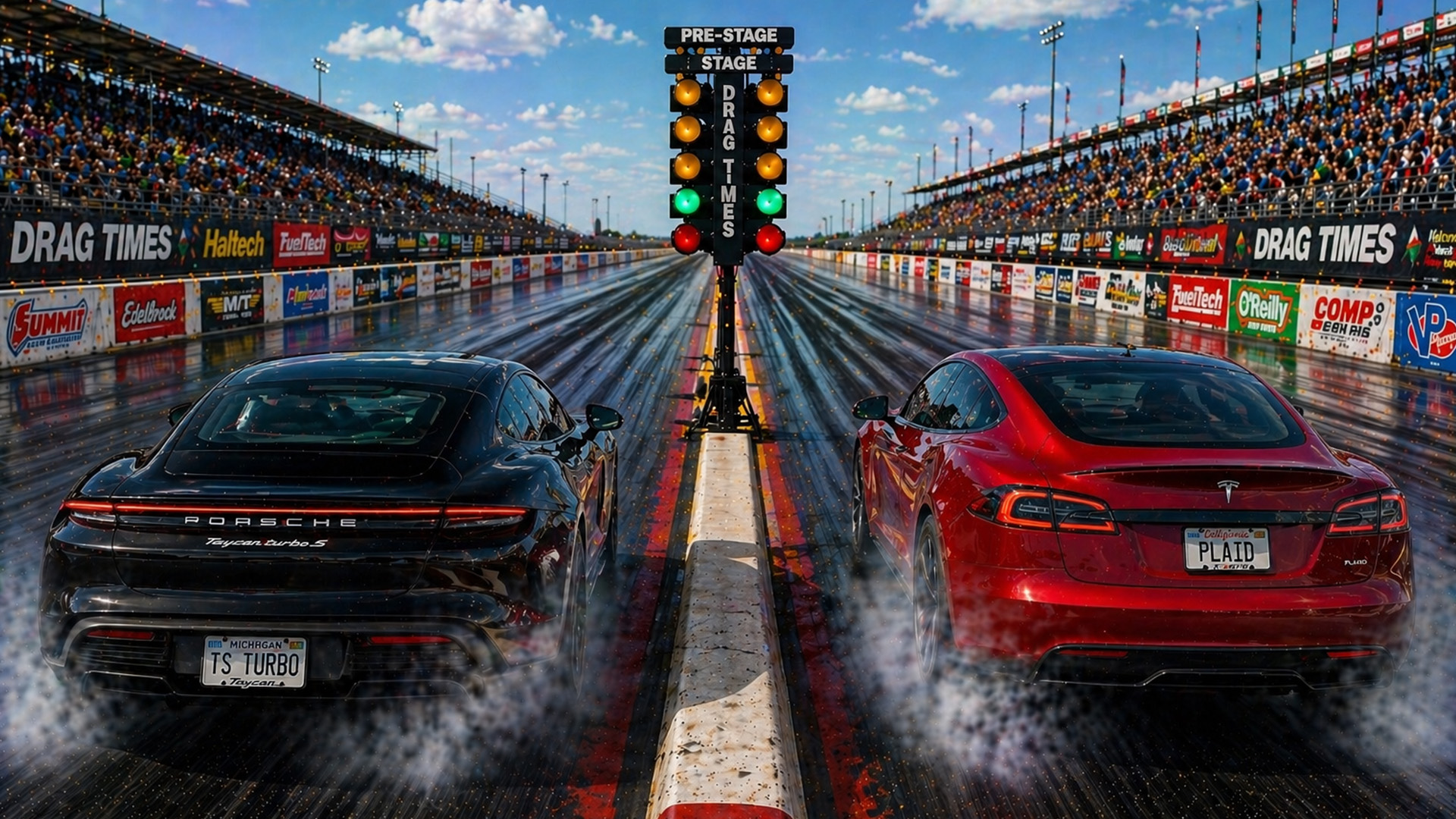 1020HP Tesla Model S Plaid vs Porsche Taycan Turbo S drag race
