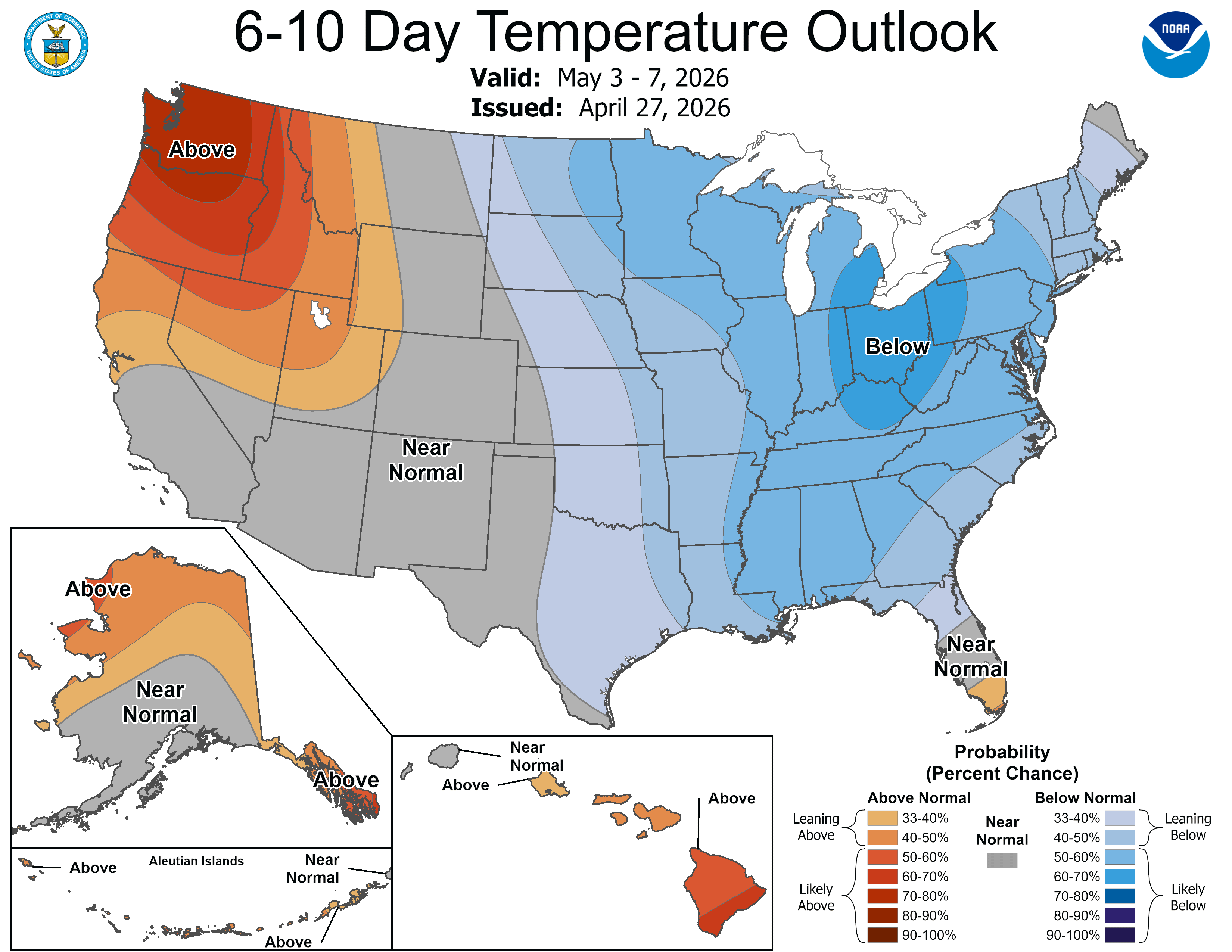 Temperatures are expected to be below average for much of the eastern half of the country in early May, according to the National Weather Service's Climate Prediction Center.
