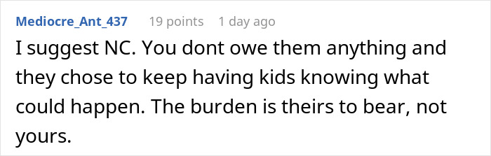 A Reddit comment suggesting no contact for parents expecting a teen to sacrifice life for disabled siblings.