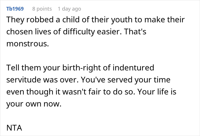 Reddit comment advising a teen not to sacrifice life for disabled siblings, stating their service is over.