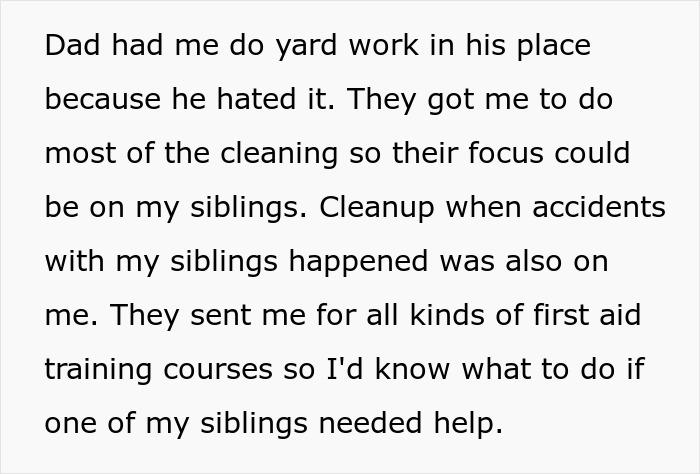 Text describing a teen's experience having to sacrifice their life for disabled siblings, including yard work, cleaning, and first aid training.