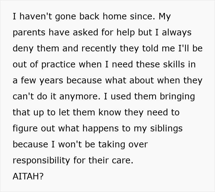 Text on a white background: a teen refuses to sacrifice life for disabled siblings care, asking AITAH?