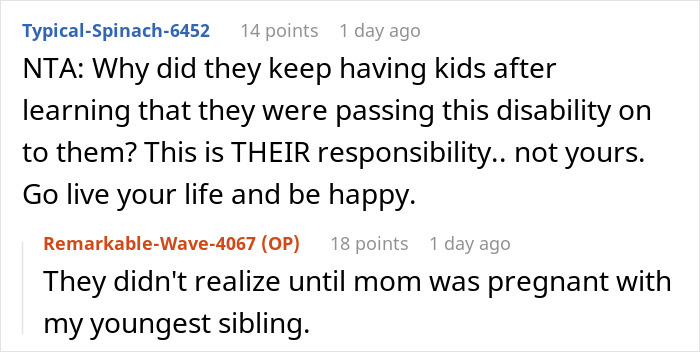 Reddit comment defending a teen who wants to move out, not sacrifice life for disabled siblings, discussing parental responsibility.