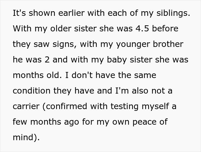 A white background with black text describing a teen's siblings and their conditions, highlighting the parent's expectation for them to sacrifice life for disabled siblings.