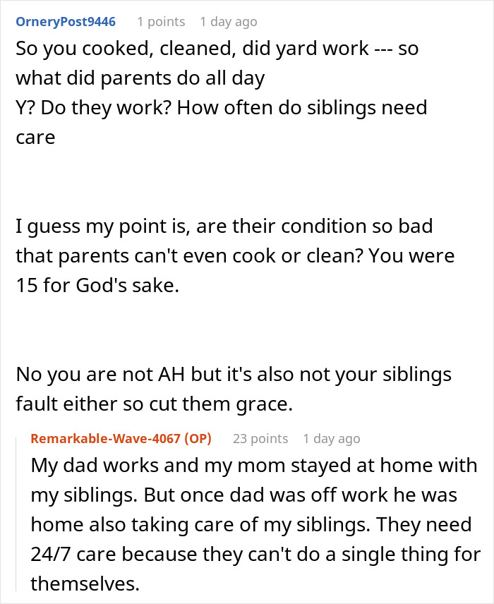 Reddit discussion about a teen sacrificing life for disabled siblings, detailing parental expectations and care needs.