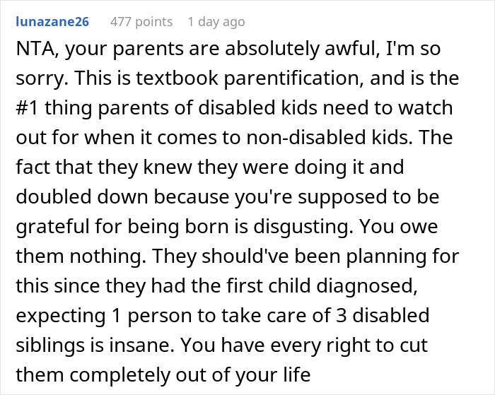 A Reddit comment discussing parents expecting a teen to sacrifice life for disabled siblings, criticizing parentification.