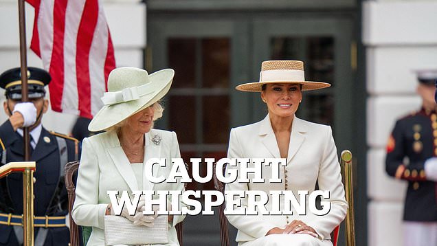 Queen and first lady are all smiles whispering before speech