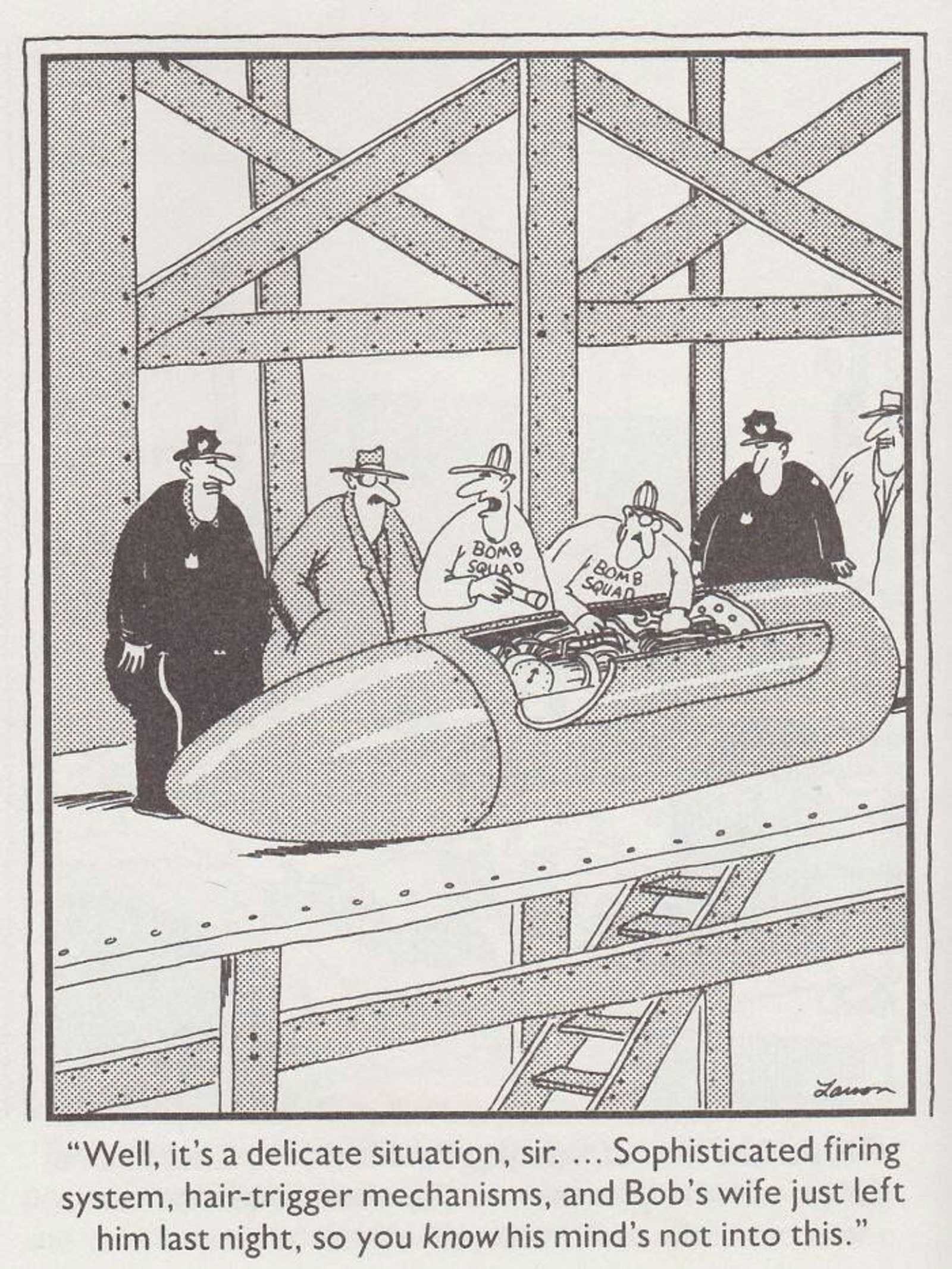 A bomb removal squad is working to disarm a bomb in Gary Larson's The Far Side.