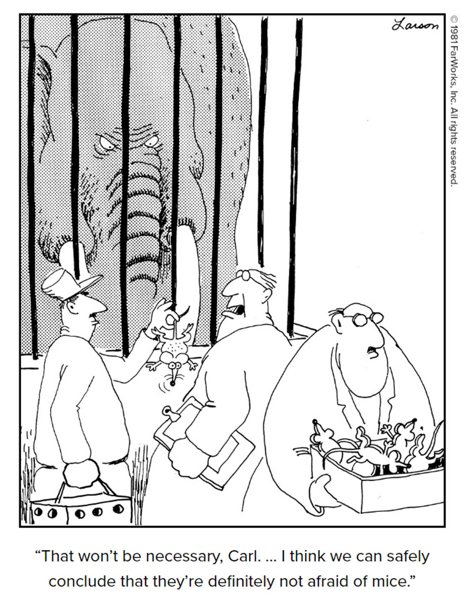 A ratcatcher is holding a mouse up in front of an angry elephant while a scientist tells him not to bother in Gary Larson's The Far Side.