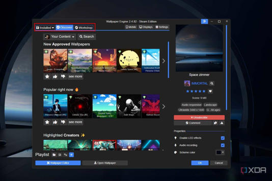Windows 11 screenshot that highlights the Installed, Discover, and Workshop sections within the Wallpaper Engine app.