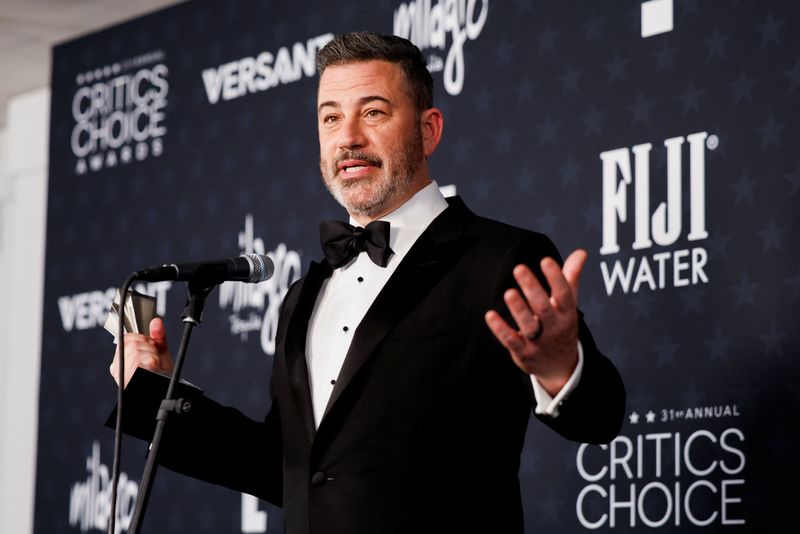Jimmy Kimmel speaks at the press room after winning the Best Talk Show award for Jimmy Kimmel Live! during the 31st Annual Critics Choice Awards in Santa Monica, California, U.S., January 4, 2026. REUTERS/Caroline Brehman