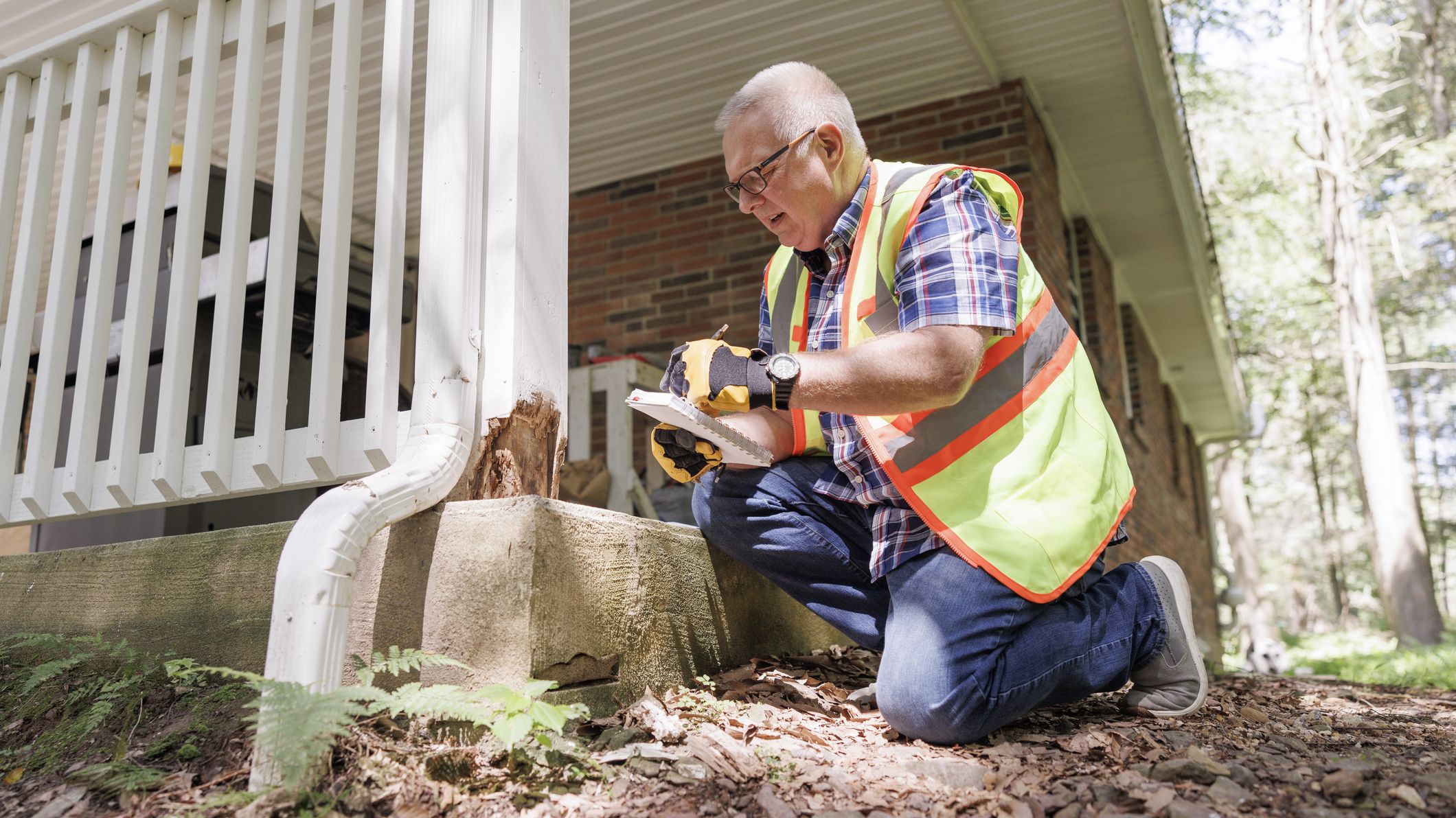 Crashed railings and fence after storm fixation. Mature gray haired claim inspector in eyeglasses in squat position with note pad fix damage after storm disaster outdoors