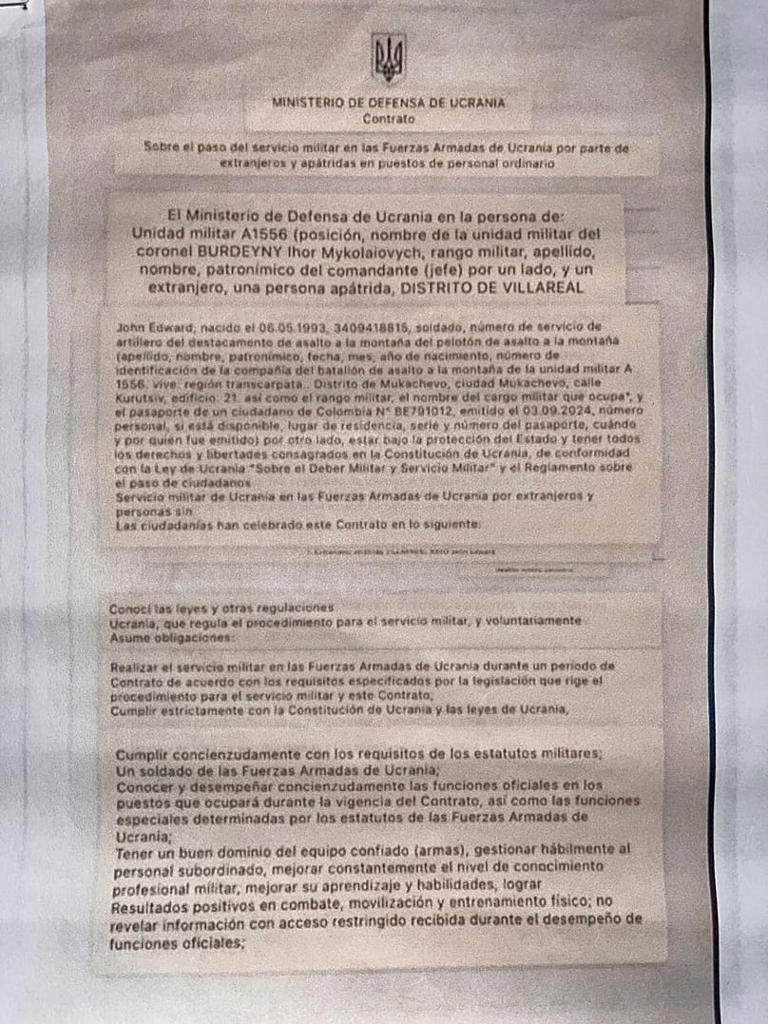 El contrato con las Fuerzas Armadas de Ucrania firmado por Pablo Puentes. Cortesía de Mireya Pineda