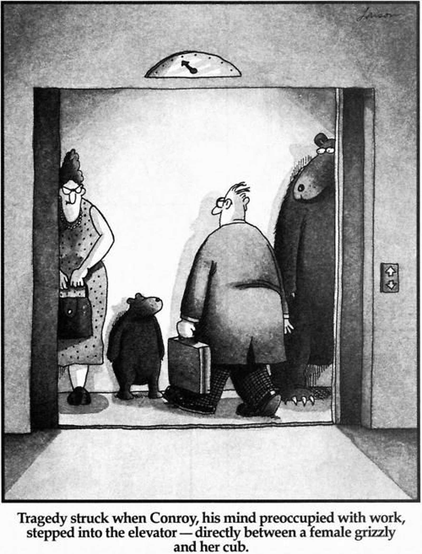A businessman is walking into an elevator between a bear and her cub in Gary Larson's The Far Side.