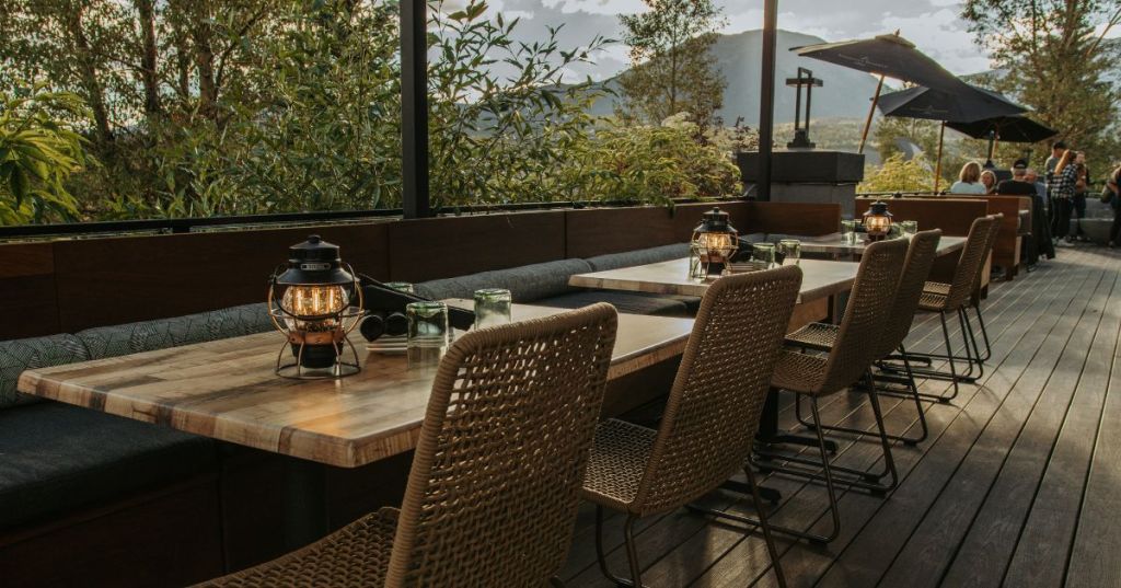 The inviting, mountain-view patio at Bistro North in Dillon, Colorado.