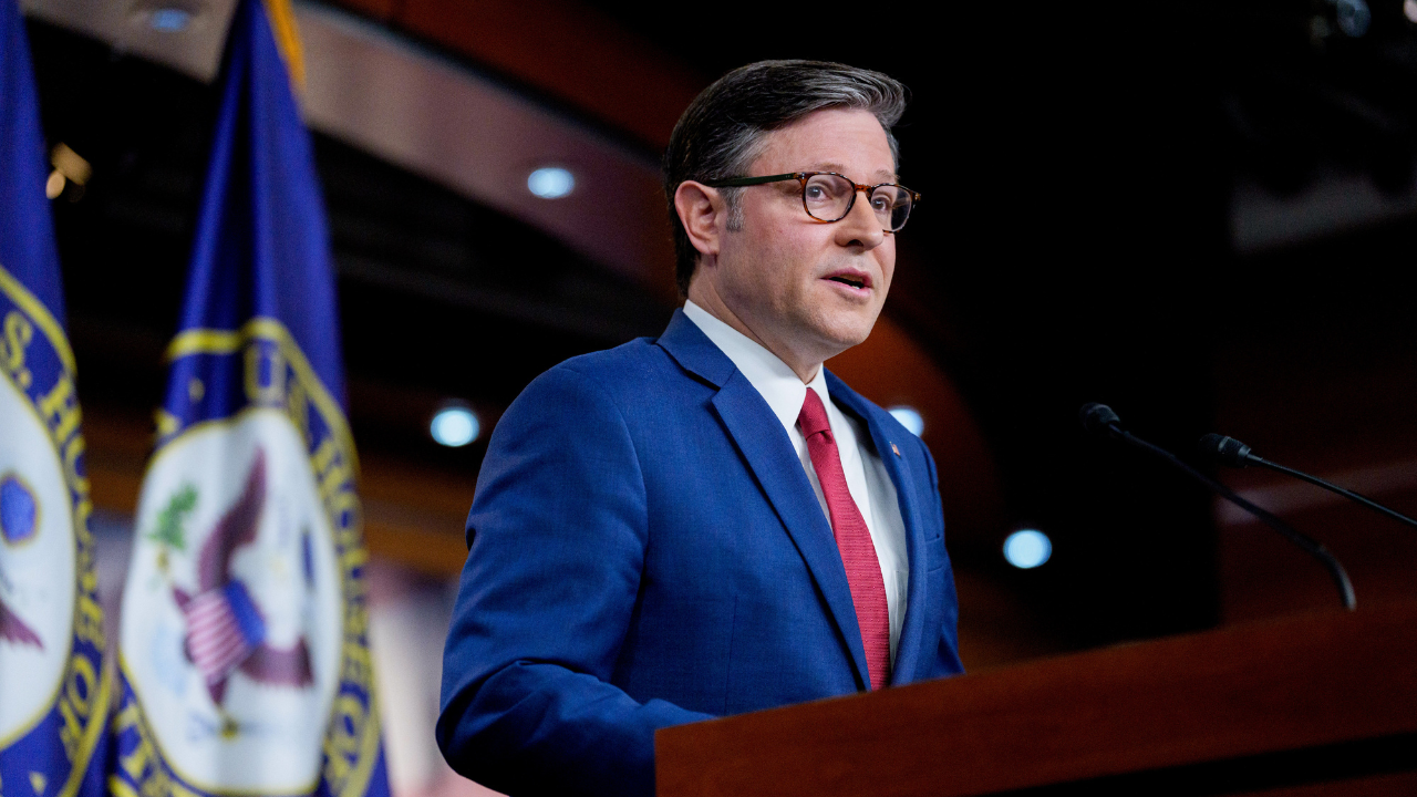 House Speaker Mike Johnson speaking at a news conference at the US Capitol in Washington D.C.