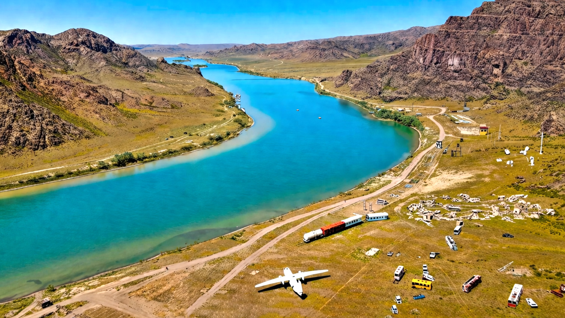 A winding river cutting through a vast landscape