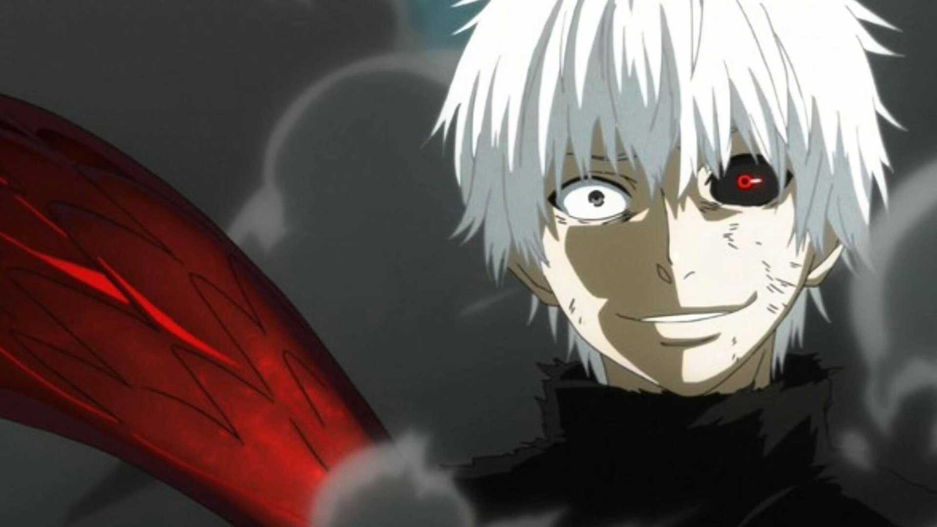 Kaneki Ken grinning in ghoul form in Tokyo Ghoul anime