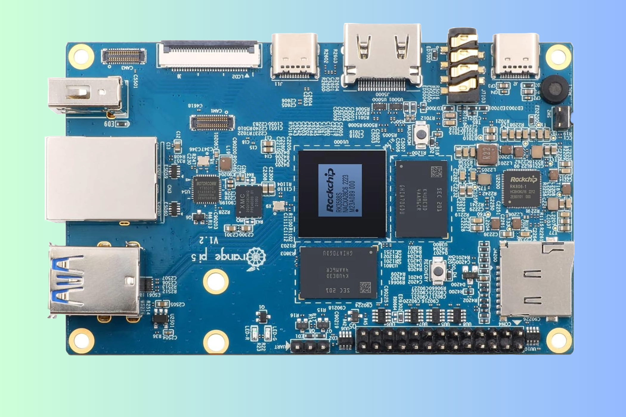 Orange Pi 5 Plus against a bluish background.